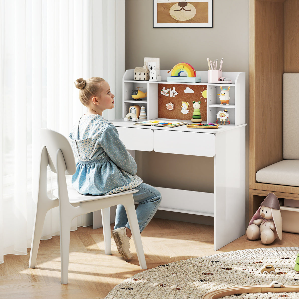 Kids Study Desk Student Writing Table with Cork Bulletin Board-off white