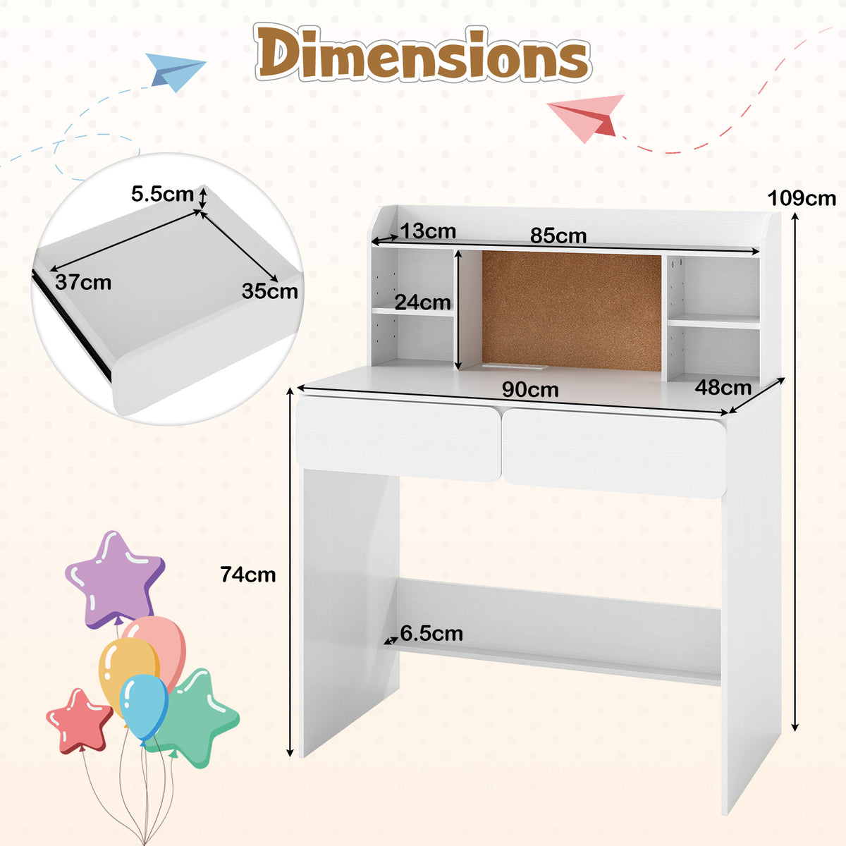 Kids Study Desk Student Writing Table with Cork Bulletin Board-off white