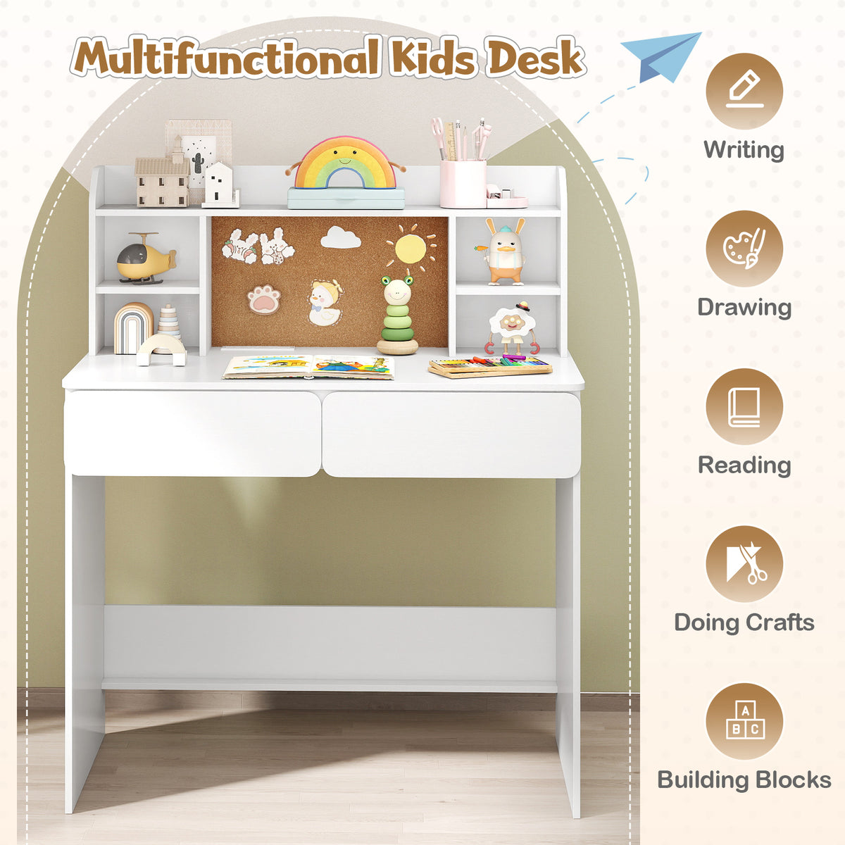 Kids Study Desk Student Writing Table with Cork Bulletin Board-off white