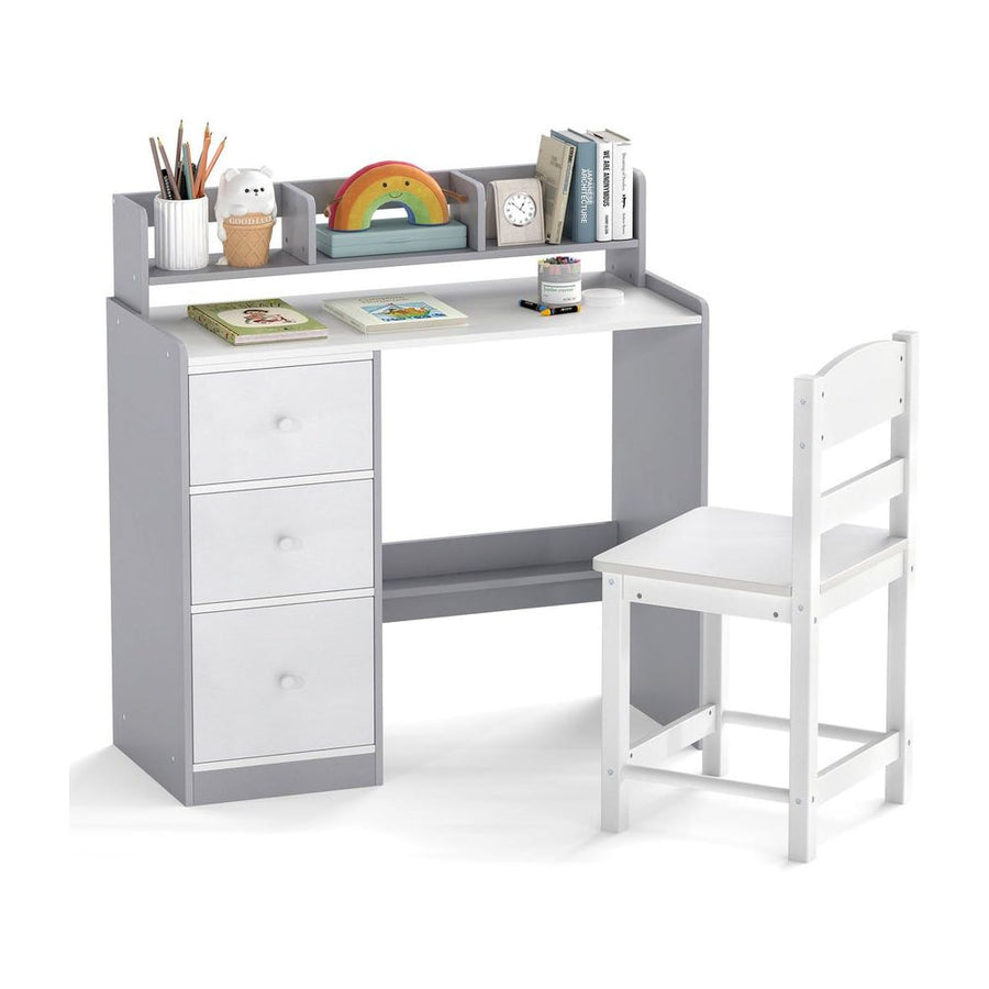 Kids Study Desk and Chair Set Wooden Children Writing Desk with Hutch-Grey