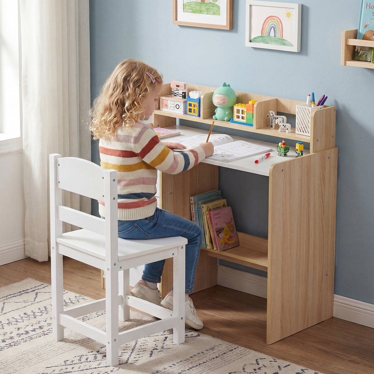 Kids Study Desk and Chair Set Wooden Children Writing Desk with Hutch-Natural