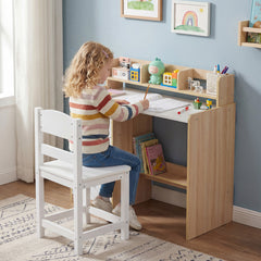 Kids Study Desk and Chair Set Wooden Children Writing Desk with Hutch-Natural