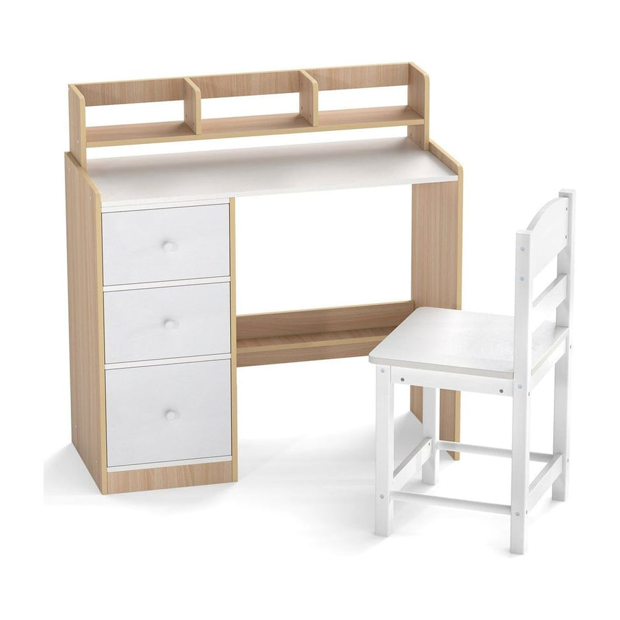 Kids Study Desk and Chair Set Wooden Children Writing Desk with Hutch-Natural