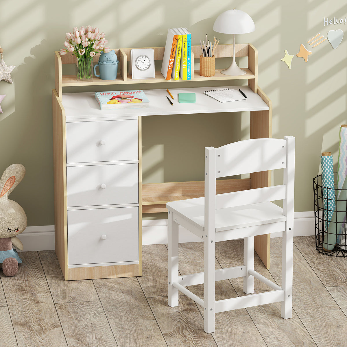 Kids Study Desk and Chair Set Wooden Children Writing Desk with Hutch-Natural
