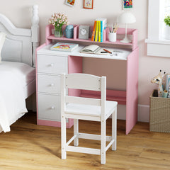 Kids Study Desk and Chair Set Wooden Children Writing Desk with Hutch-Pink