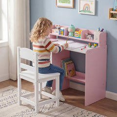 Kids Study Desk and Chair Set Wooden Children Writing Desk with Hutch-Pink