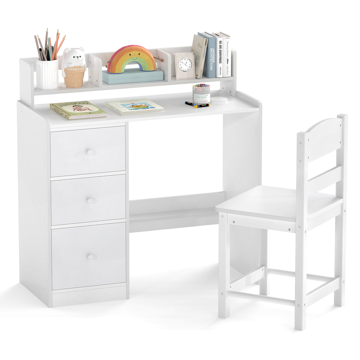 Kids Study Desk and Chair Set Wooden Children Writing Desk with Hutch-White