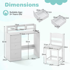 Kids Study Desk and Chair Set Wooden Children Writing Desk with Hutch-White