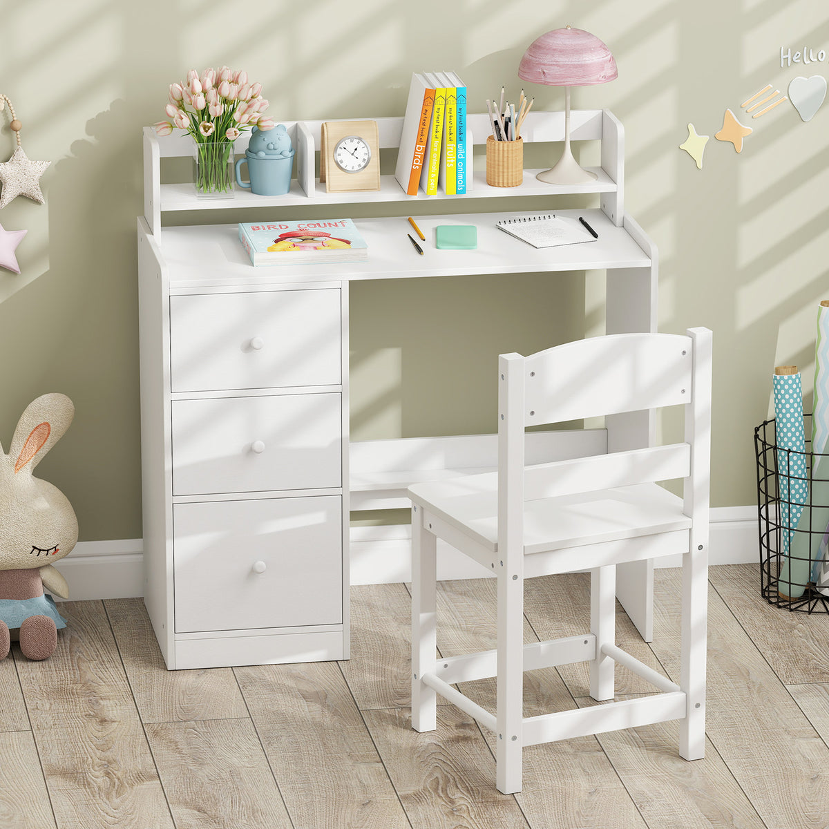 Kids Study Desk and Chair Set Wooden Children Writing Desk with Hutch-White