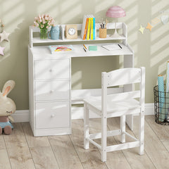 Kids Study Desk and Chair Set Wooden Children Writing Desk with Hutch-White
