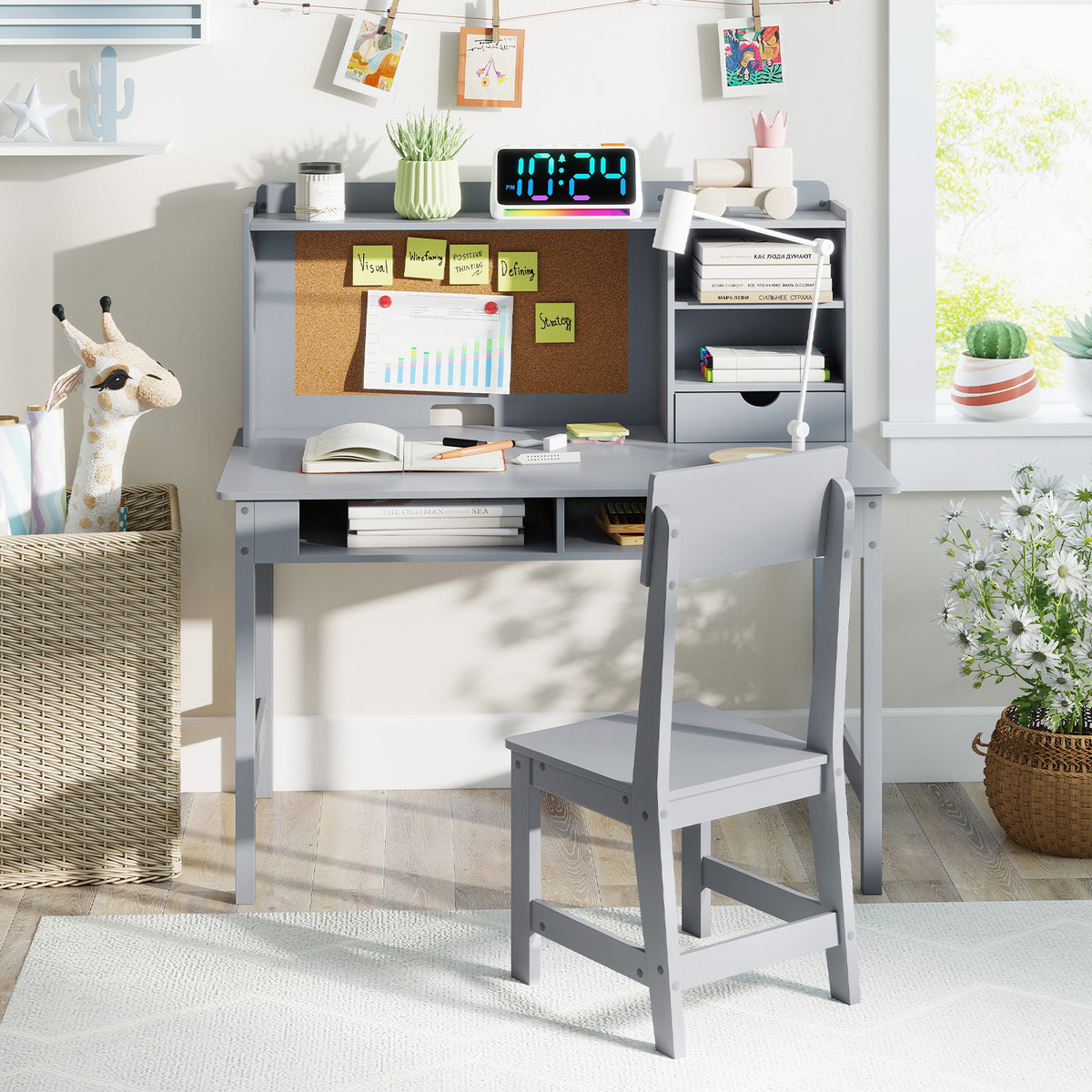 Kids Study Desk and Chair Set Wooden Students Writing Table-Grey