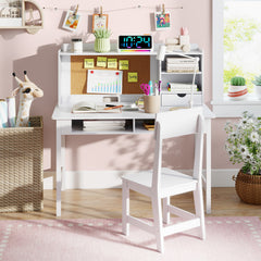 Kids Study Desk and Chair Set Wooden Students Writing Table-White