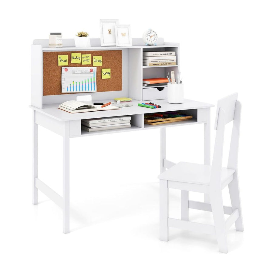 Kids Study Desk and Chair Set Wooden Students Writing Table-White