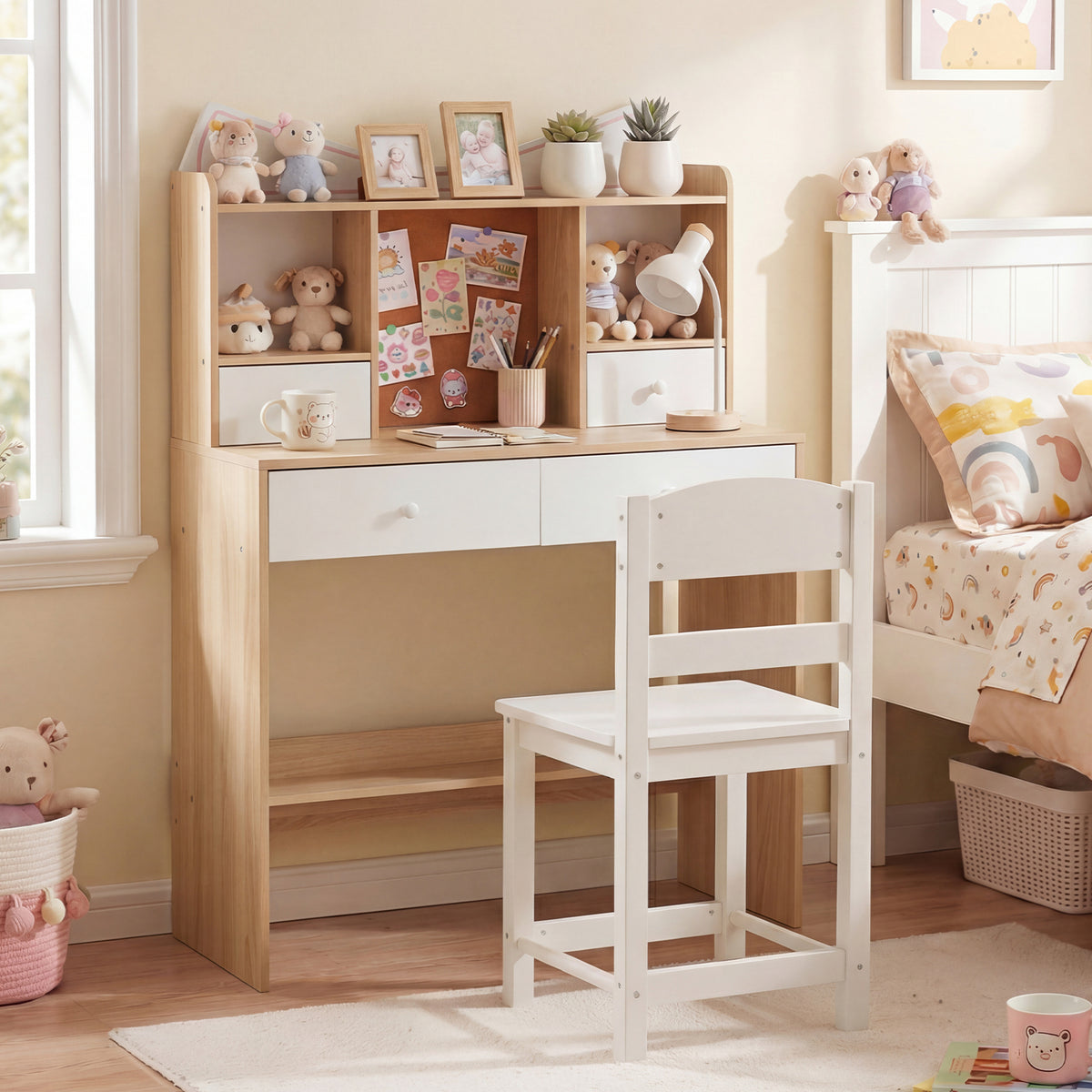 Kids Study Desk and Chair Set with Open Shelves and Cork Bulletin Board-Natural