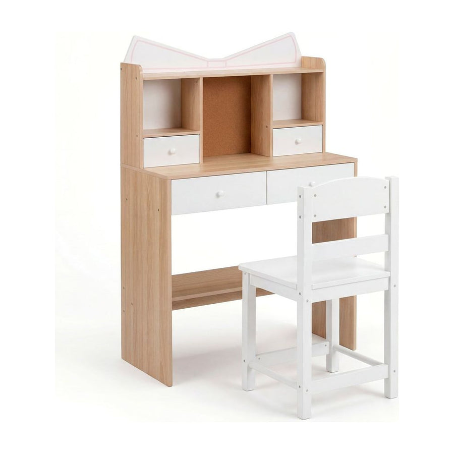 Kids Study Desk and Chair Set with Open Shelves and Cork Bulletin Board-Natural