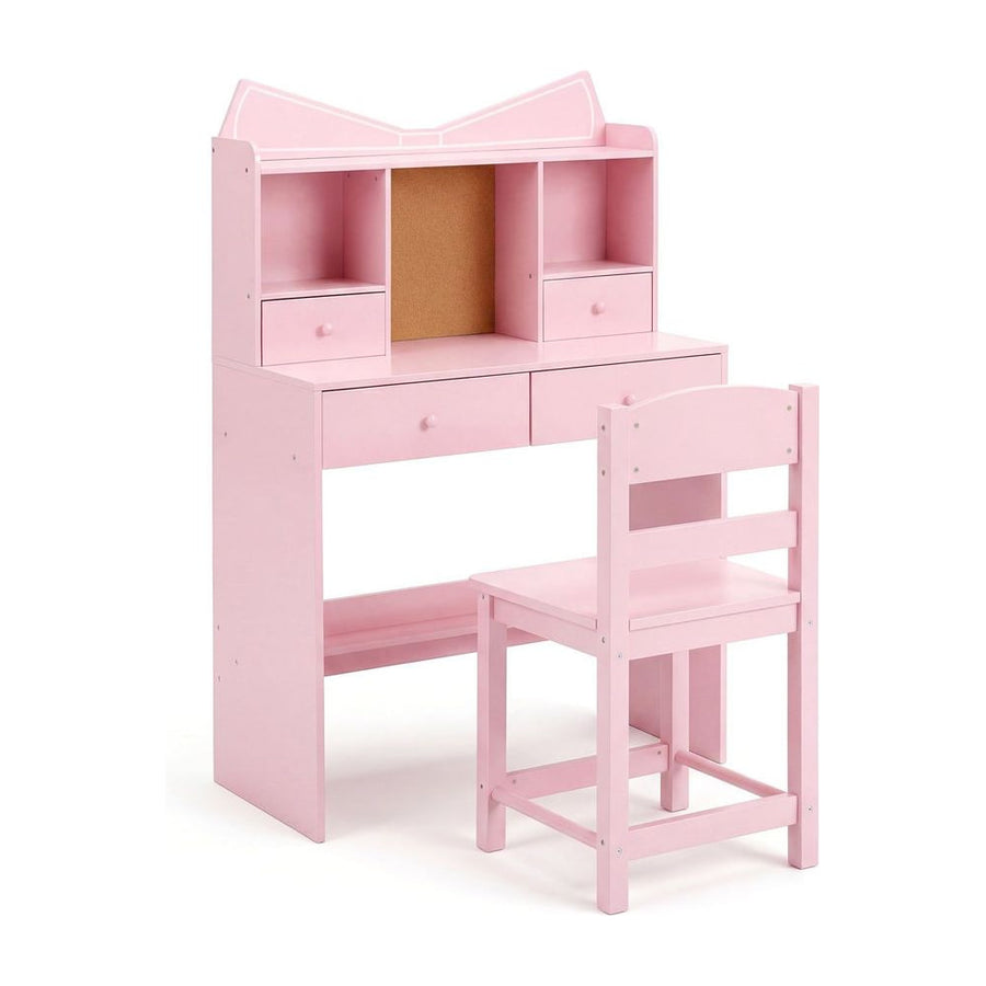 Kids Study Desk and Chair Set with Open Shelves and Cork Bulletin Board-Pink