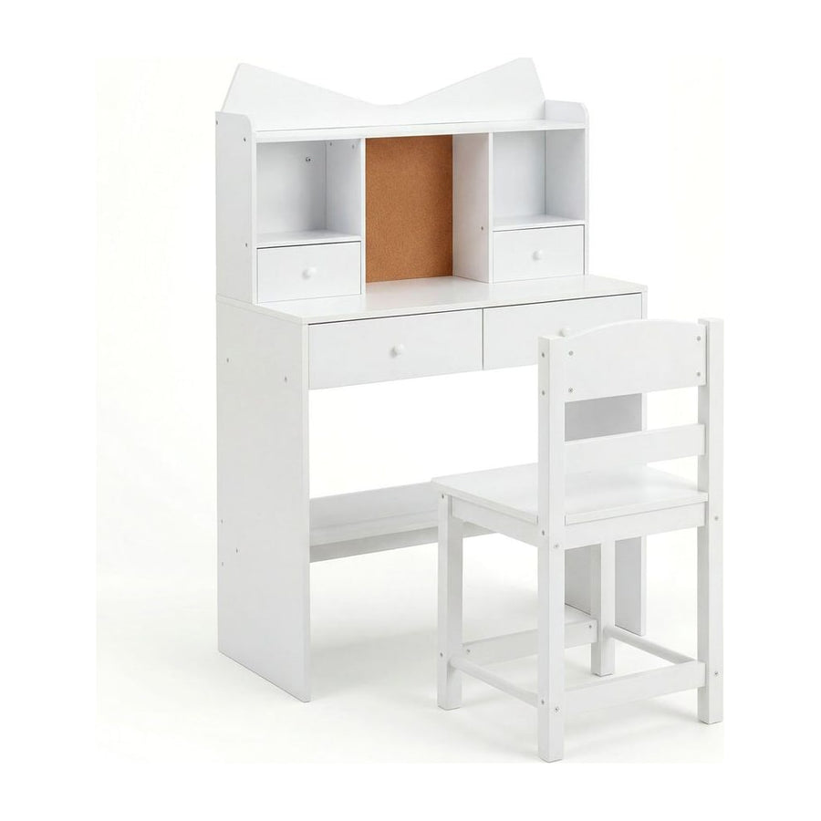 Kids Study Desk and Chair Set with Open Shelves and Cork Bulletin Board-White