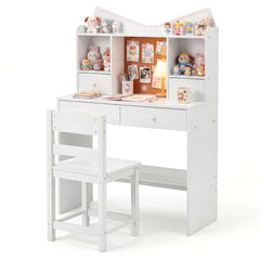 Kids Study Desk and Chair Set with Open Shelves and Cork Bulletin Board-White