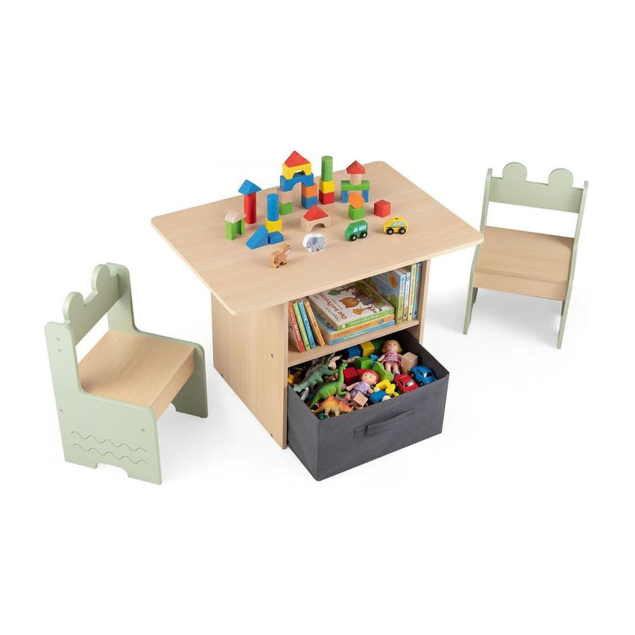Kids Table and Chairs Set Wooden Toddler Activity Table Set with 2 Open Compartments-Green