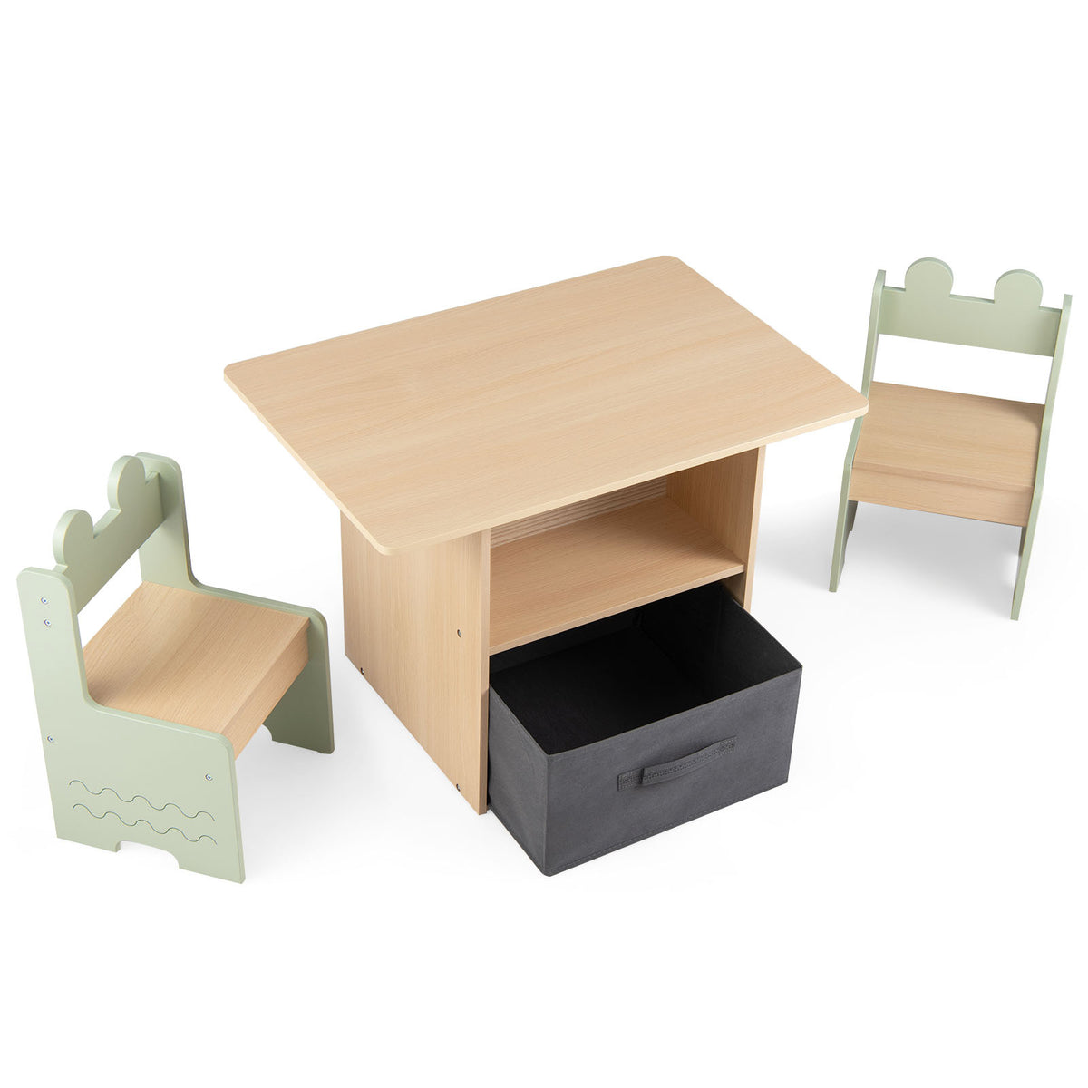 Kids Table and Chairs Set Wooden Toddler Activity Table Set with 2 Open Compartments-Green
