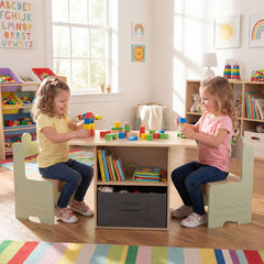 Kids Table and Chairs Set Wooden Toddler Activity Table Set with 2 Open Compartments-Green