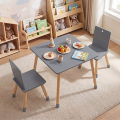 Kids Table and Chairs Set with Pine Wood Legs for Playing Learning Eating-Grey