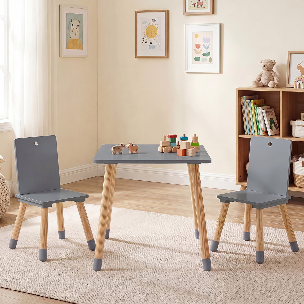 Kids Table and Chairs Set with Pine Wood Legs for Playing Learning Eating-Grey