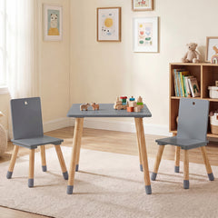 Kids Table and Chairs Set with Pine Wood Legs for Playing Learning Eating-Grey