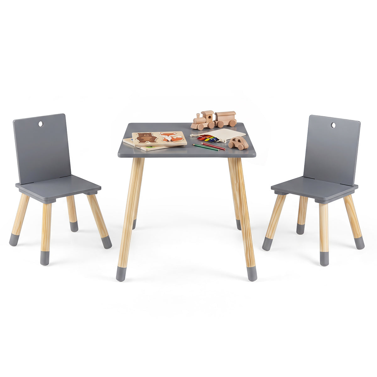 Kids Table and Chairs Set with Pine Wood Legs for Playing Learning Eating-Grey