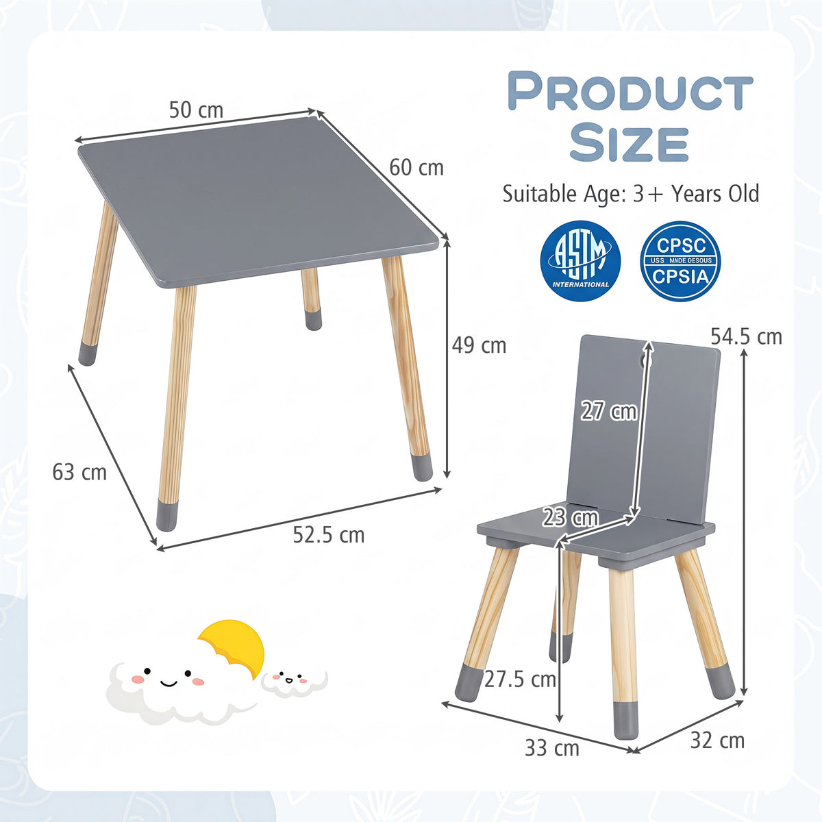 Kids Table and Chairs Set with Pine Wood Legs for Playing Learning Eating-Grey