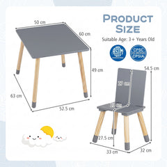 Kids Table and Chairs Set with Pine Wood Legs for Playing Learning Eating-Grey