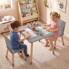 Kids Table and Chairs Set with Pine Wood Legs for Playing Learning Eating-Grey