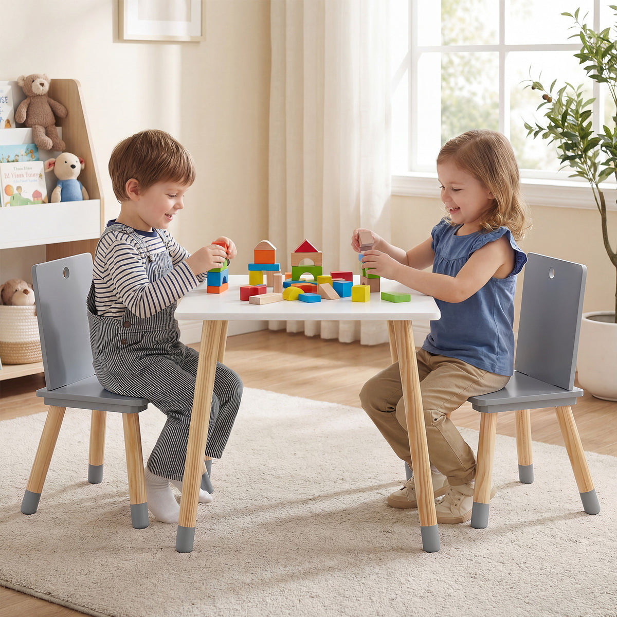 Kids Table and Chairs Set with Pine Wood Legs for Playing Learning Eating-Grey