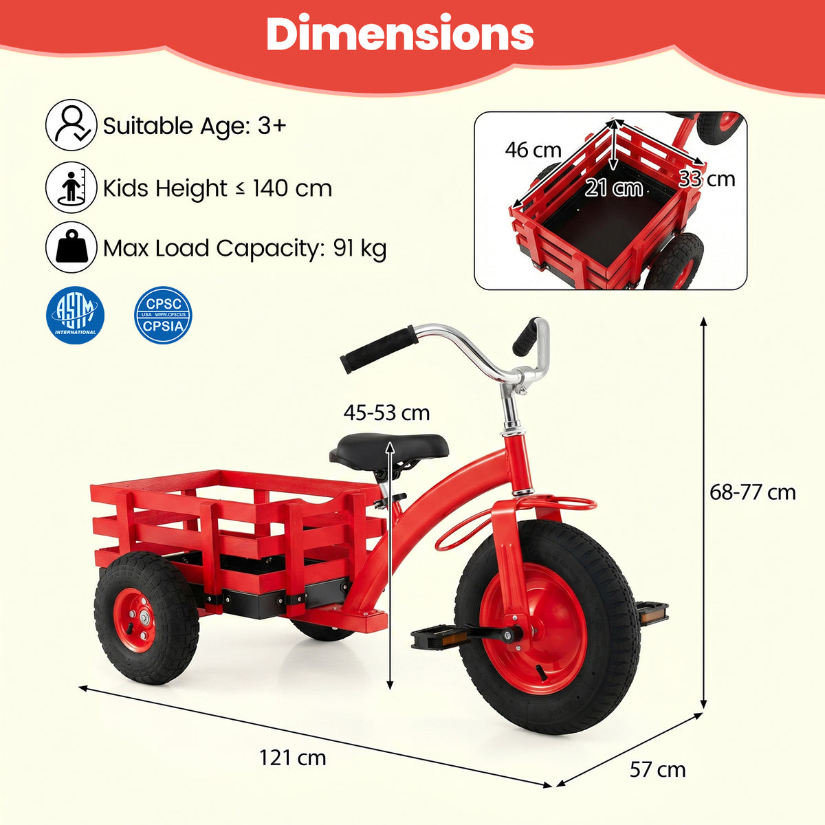 Kids Tricycle with Storage Basket and Inflatable Tires for Boys Girls Ages 3+-Red