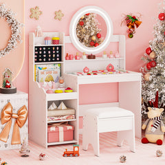 Kids Vanity Desk Princess Pretend Play Dressing Table Set with Mirror and Lights-White