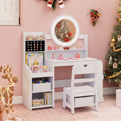 Kids Vanity Desk with Mirror Bookshelf and Lights Princess Pretend Play Dressing Table and Chair Set-White