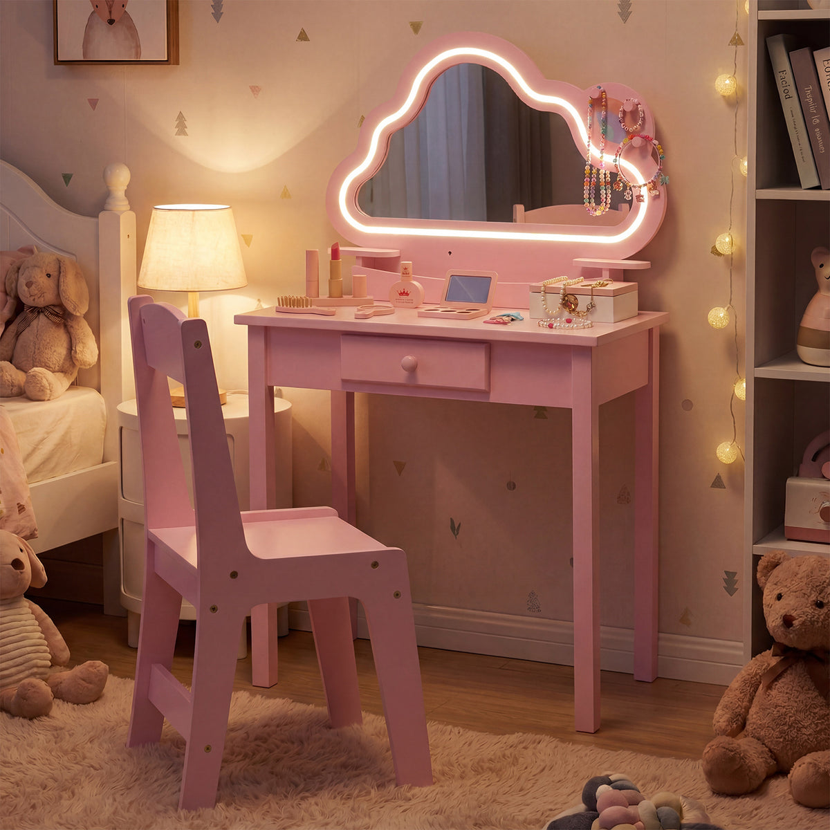 Kids Vanity Set with Lighted Cloud Mirror & Stool and Jewelry Rack for Girls-Pink