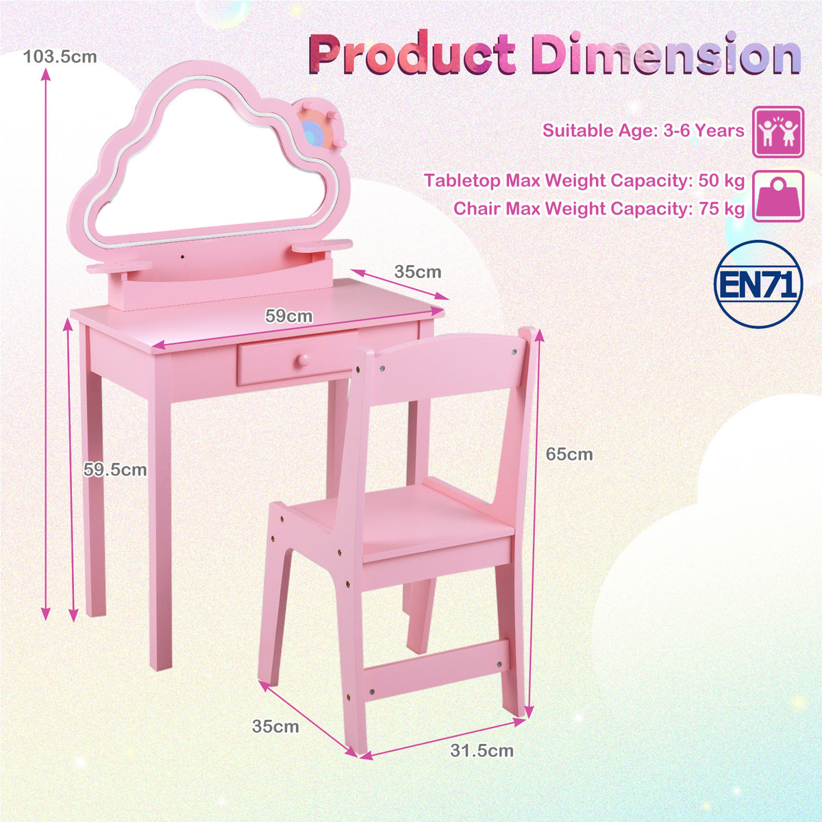 Kids Vanity Set with Lighted Cloud Mirror & Stool and Jewelry Rack for Girls-Pink