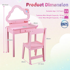 Kids Vanity Set with Lighted Cloud Mirror & Stool and Jewelry Rack for Girls-Pink