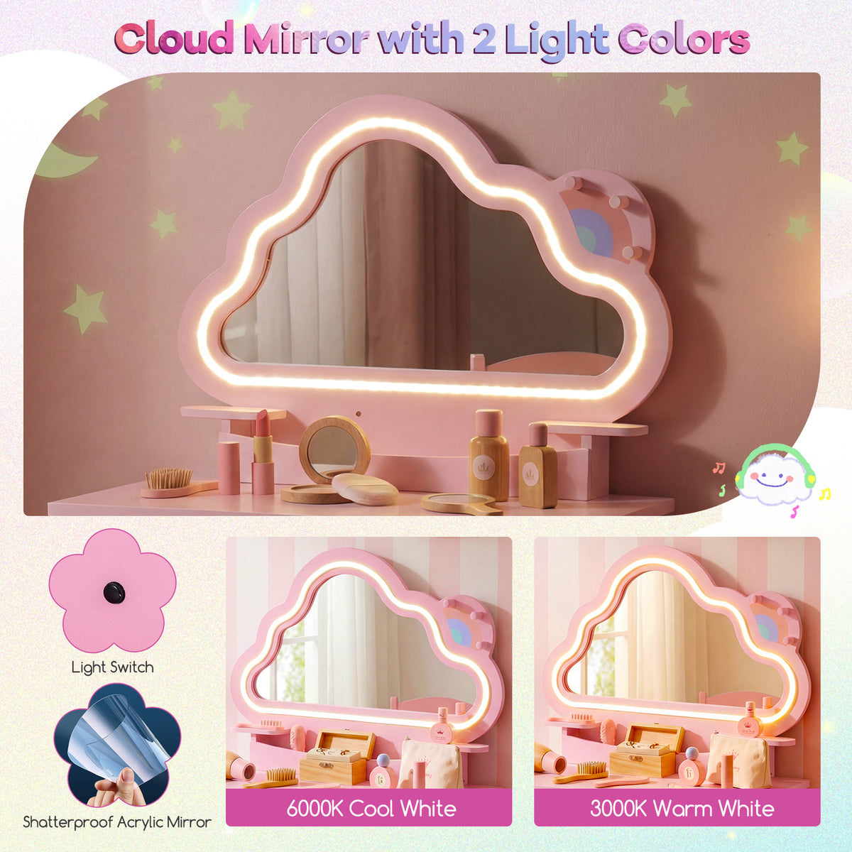 Kids Vanity Set with Lighted Cloud Mirror & Stool and Jewelry Rack for Girls-Pink