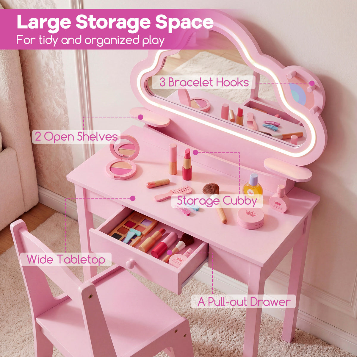 Kids Vanity Set with Lighted Cloud Mirror & Stool and Jewelry Rack for Girls-Pink
