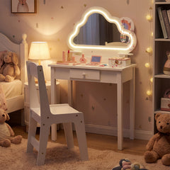 Kids Vanity Set with Lighted Cloud Mirror & Stool and Jewelry Rack for Girls-White