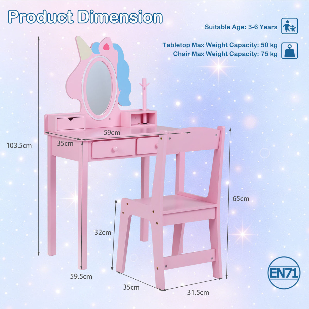 Kids Vanity Set with Lighted Unicorn Mirror & Stool and Jewelry Rack for Girls-Pink