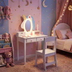 Kids Vanity Set with Lighted Unicorn Mirror & Stool and Jewelry Rack for Girls-White