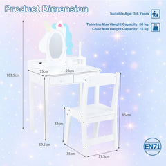 Kids Vanity Set with Lighted Unicorn Mirror & Stool and Jewelry Rack for Girls-White