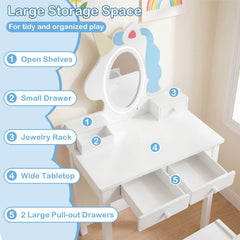 Kids Vanity Set with Lighted Unicorn Mirror & Stool and Jewelry Rack for Girls-White
