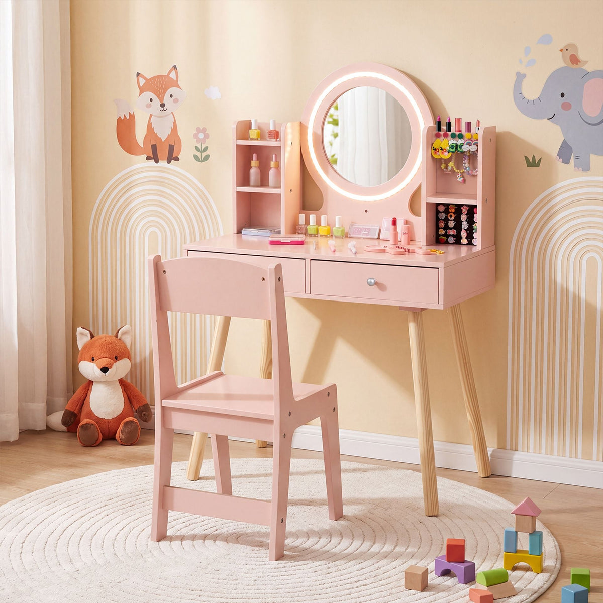 Kids Vanity Set with Lights Princess Vanity Desk Set with LED Lighted Mirror Storage Shelves-Pink