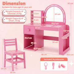 Kids Vanity Table and Chair Set with Lighted Mirror Open Storage Shelves-Sakura Pink