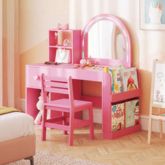 Kids Vanity Table and Chair Set with Lighted Mirror Open Storage Shelves-Sakura Pink