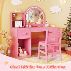 Kids Vanity Table and Chair Set with Lighted Mirror Open Storage Shelves-Sakura Pink